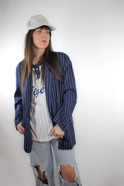 1980s Navy Blue Pinstripe Oversized Blazer Selected By Moons + Junes Vintage