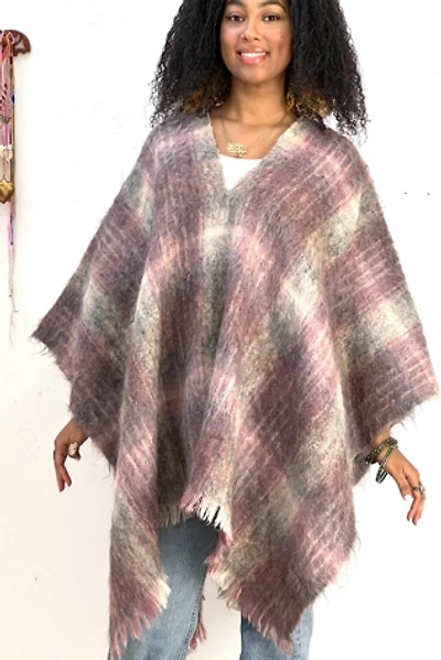 Anna Corinna Fuzzy Plum Plaid Poncho