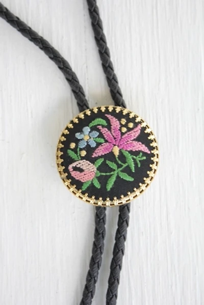 Vintage Floral Needlepoint Embroidered Brooch Bolo Tie Selected By Moons + Junes Vintage