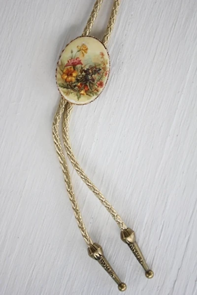 Vintage Floral Garden Pendant Gold Leather Bolo Tie Selected By Moons + Junes Vintage