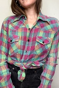 1970s Gauze Cotton Plaid Western Shirt Selected by Cherry