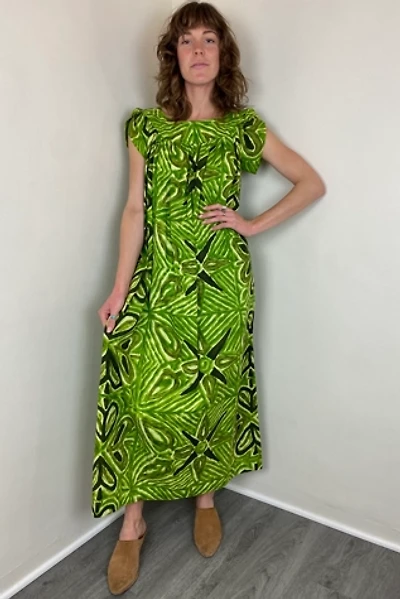 1960s Vintage Neon Green Cotton Printed Tiki Dress Selected by Picky Jane