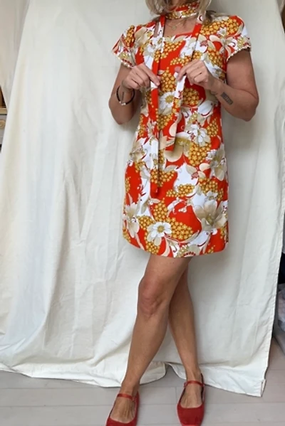 Vintage Orange Floral Sashed Mini Dress Selected by KA.TL.AK