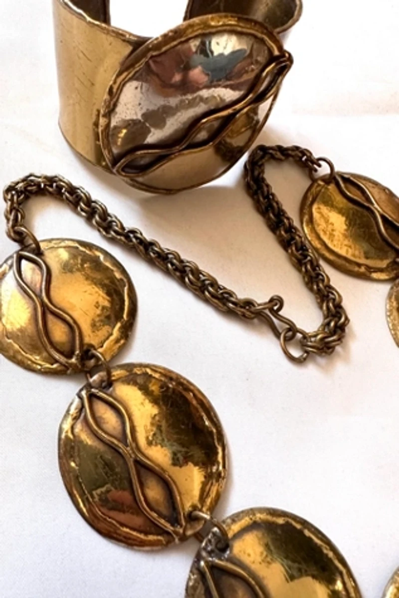 1970s Brutalist Brass Necklace and Cuff Set Selected by Cherry