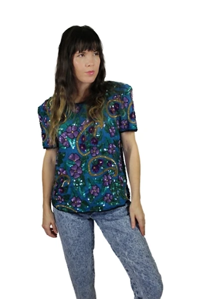 1980s Sequin Floral Turquoise Top Selected By Moons + Junes Vintage