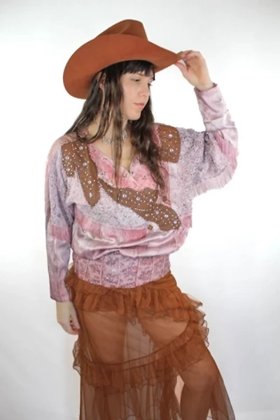 1980s Western Rhinestone Studded Fringe Silk Lace Blouse Selected By Moons + Junes Vintage