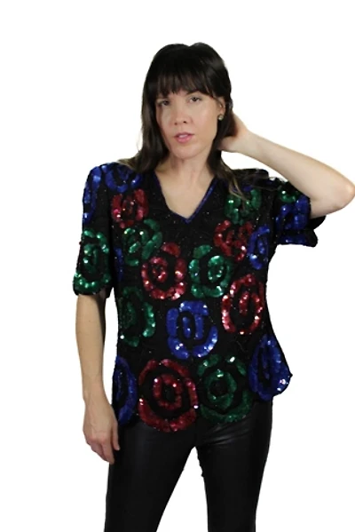 1980s Deadstock Sequin Beaded Floral Top Selected By Moons + Junes Vintage