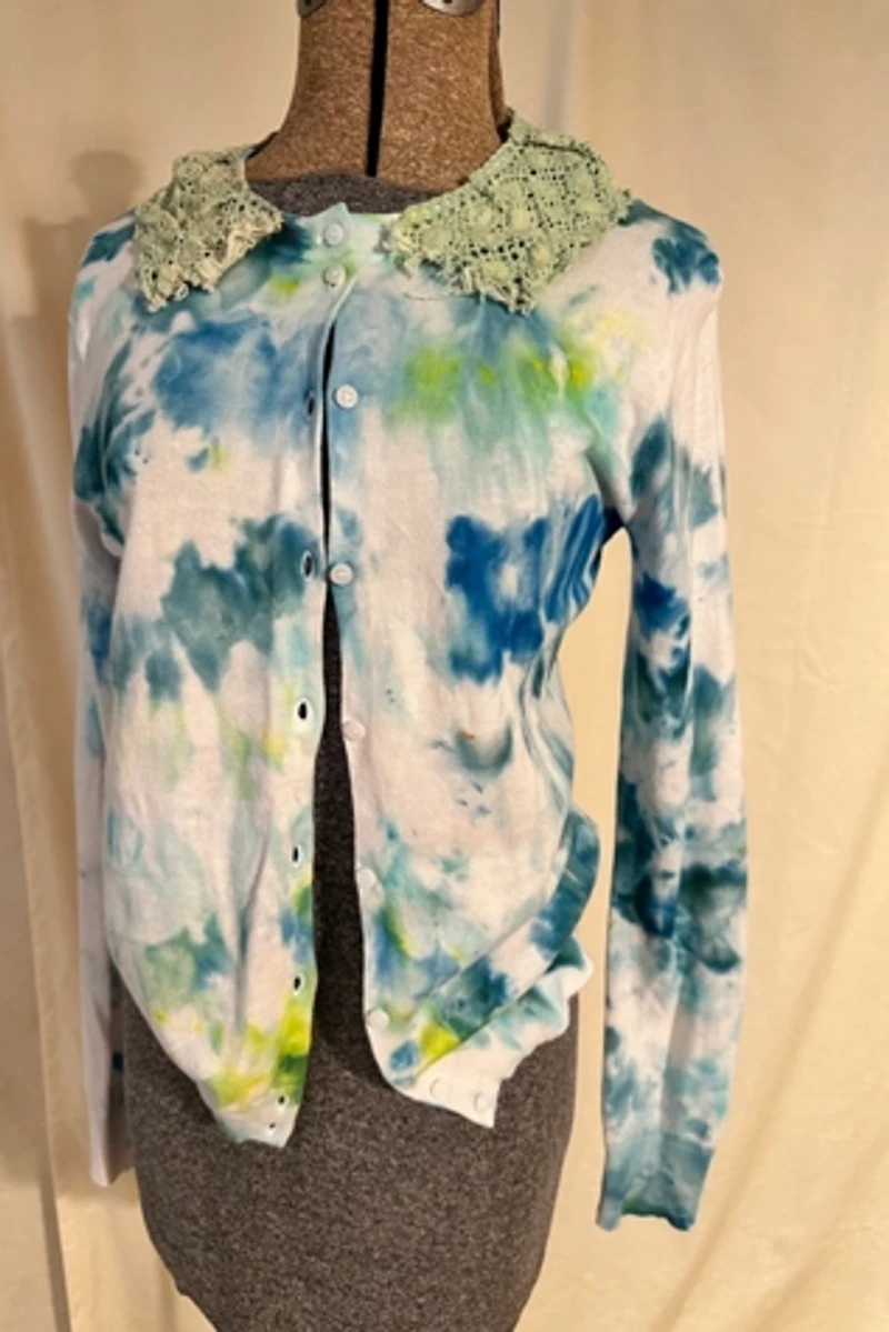 KA.TL.AK Lime and Aqua Wearable Art  Cardigan with Crochet Collar