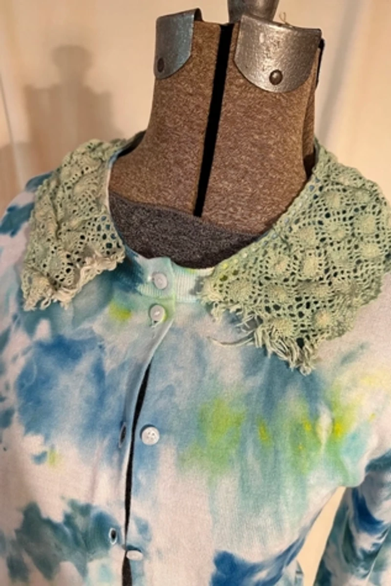 KA.TL.AK Lime and Aqua Wearable Art  Cardigan with Crochet Collar