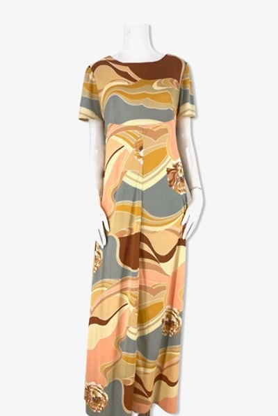 1970s Desert Floral Poly Maxi Dress Selected By Ritual Vintage