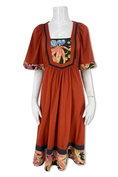 1970s Rust Floral Tie Back Peasant Dress Selected By Ritual Vintage