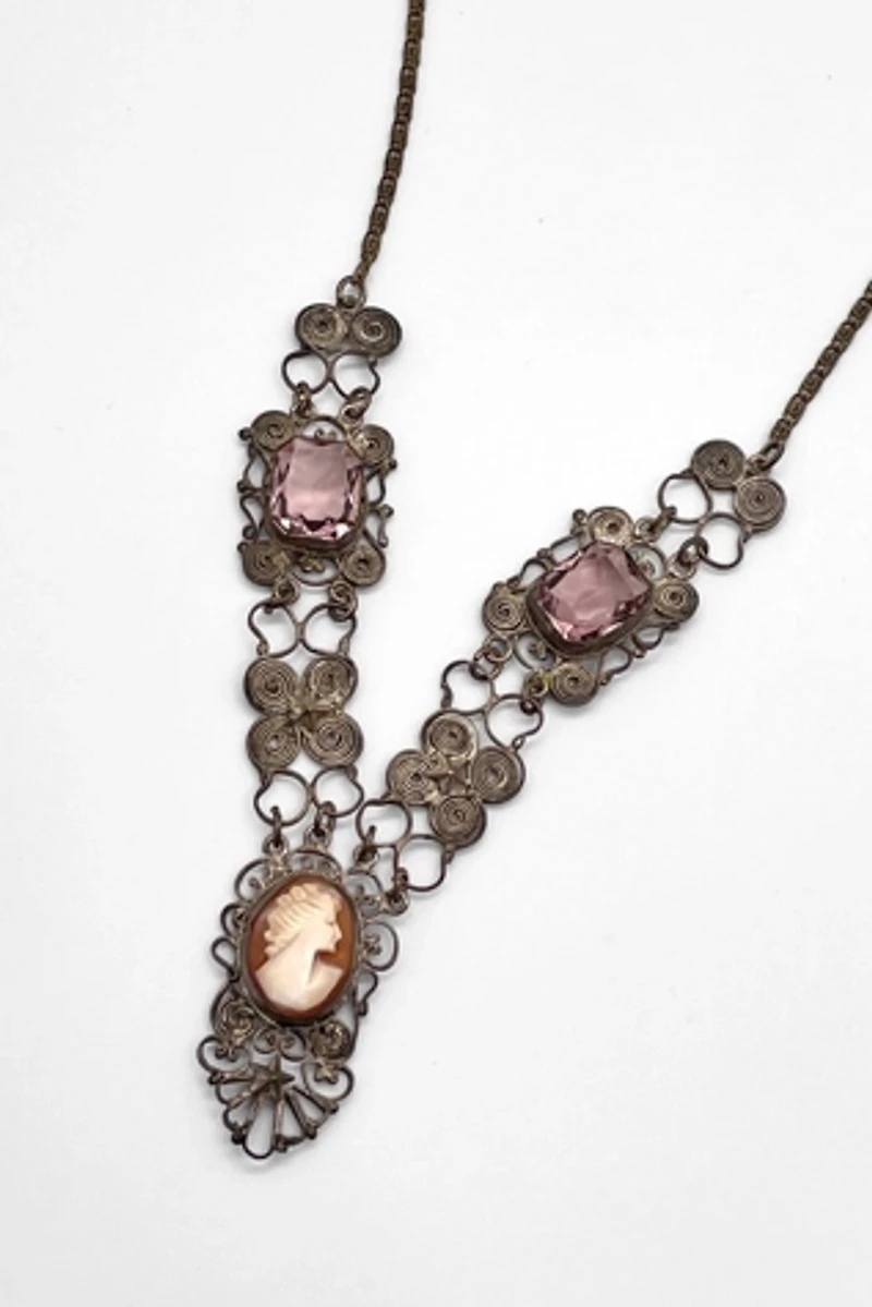 Antique Victorian Silver Filigree Cameo Necklace Selected by MARMALADE