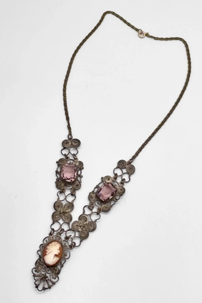 Antique Victorian Silver Filigree Cameo Necklace Selected by MARMALADE