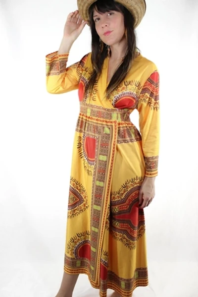 1970s Yellow Dashiki Wrap Dress Selected By Moons + Junes Vintage