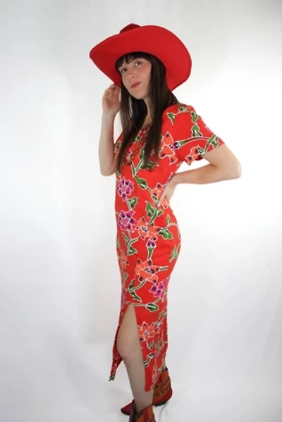 Vintage Red Tie Dye Hawaiian Floral Maxi Dress Selected By Moons + Junes Vintage