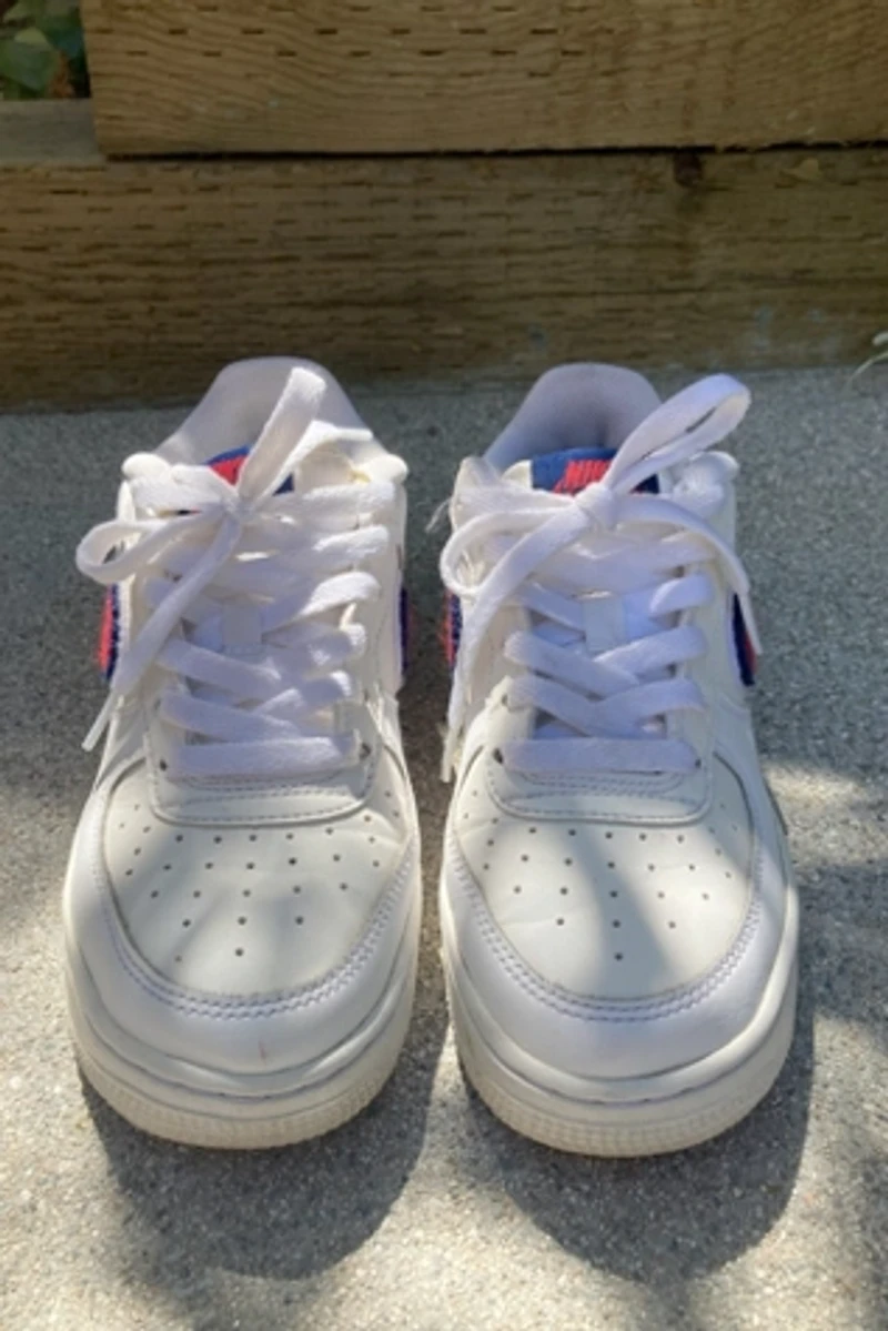 White Nike Air Force 1 with Red and Blue "Chenille Swoosh" Selected by The Curatorial Dept.