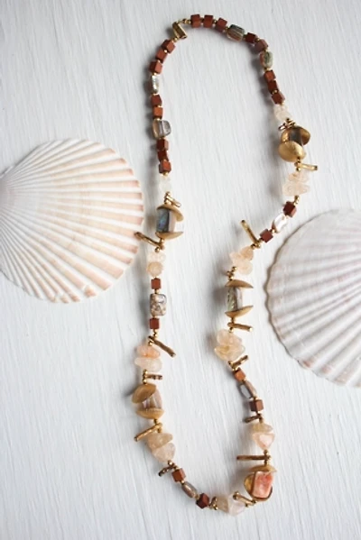 Vintage Gold Shell Coral Gemstone Beaded Necklace Selected By Moons + Junes Vintage