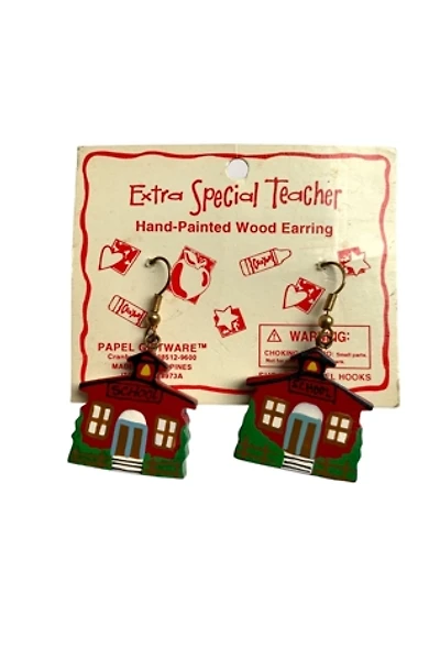 Vintage 1980s Hand Painted Wood Schoolhouse Earrings Selected by SharpLilTeeth
