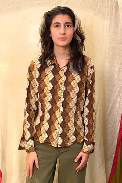 70’s Geometric Diamond Plaid Print Button Up Blouse Selected by Nomad Vintage