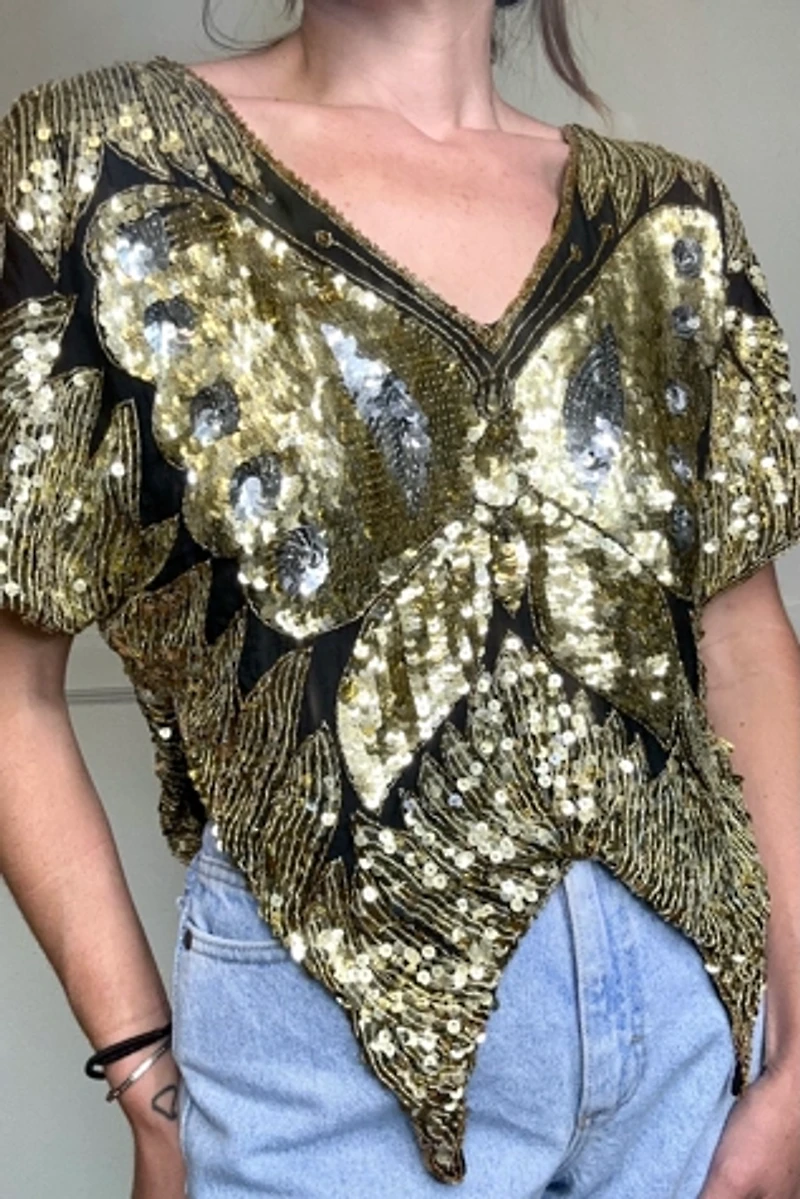 1970s Gold Sequin Butterfly Top Selected by Cherry