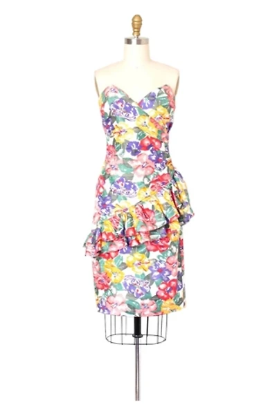 Vintage 1980s Strapless  Floral Silk Dress Selected by SwaneeGRACE