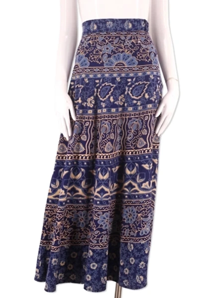 1970s Navy Block Print Cotton Midi Skirt Selected By Ritual Vintage