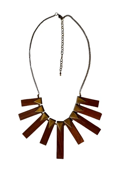 Vintage 1980's Wood And Brass Tone Necklace Selected By Afterlife Boutique
