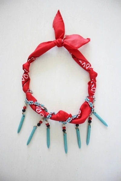 Vintage Bandana Turquoise Fringe Beaded Scarf Necklace Selected By Moons + Junes Vintage