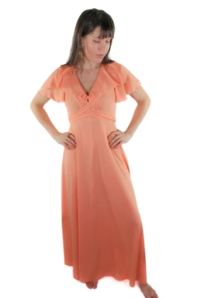 1960s Peach Cape Maxi Dress Selected By Moons + Junes Vintage