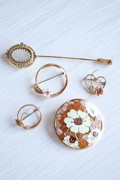 Vintage Opal & Mother of Pearl Floral Pin Brooch Set Selected By Moons + Junes Vintage