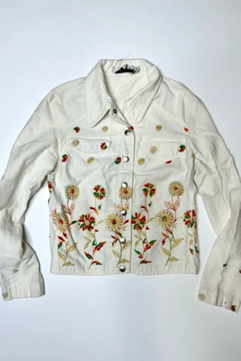 1970s Floral Embroidered White Cropped Jacket Selected by Cherry