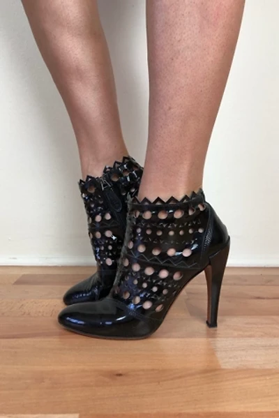 Vintage Alaïa Black Patent Leather Cutout Heeled Booties Selected by Picky Jane