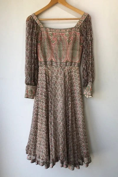 Vintage Orange and Green Block Print Silk Dress Selected by The Curatorial Dept.