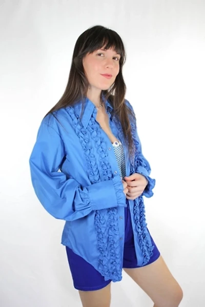 Vintage Blue Ruffle Tuxedo Button Down Selected By Moons + Junes Vintage
