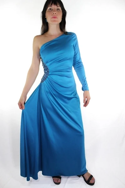 1970s One-Shoulder Blue Satin Sequin Cutout Gown Selected By Moons + Junes Vintage