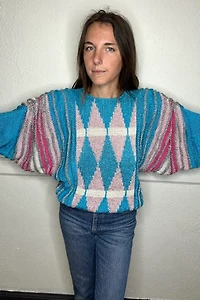 1980s Blue & Pink Glitter Sweater with Dolman Sleeves Selected by Cherry