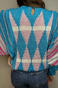 1980s Blue & Pink Glitter Sweater with Dolman Sleeves Selected by Cherry