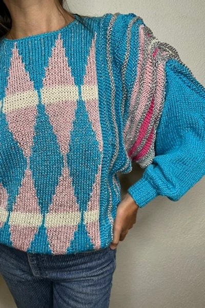 1980s Blue & Pink Glitter Sweater with Dolman Sleeves Selected by Cherry