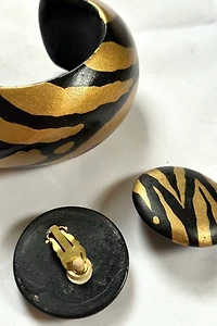 1990s Tiger Painted Wood Bracelet & Earring Set Selected by Cherry