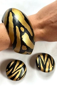 1990s Tiger Painted Wood Bracelet & Earring Set Selected by Cherry