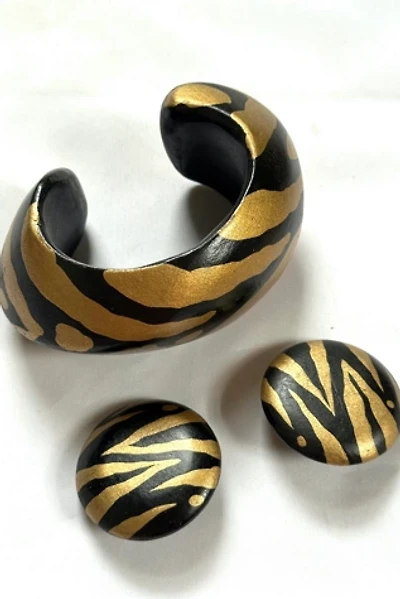 1990s Tiger Painted Wood Bracelet & Earring Set Selected by Cherry