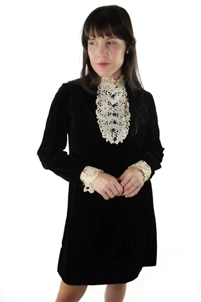 1960s Black Velvet Crochet Collar Midi Dress Selected By Moons + Junes Vintage