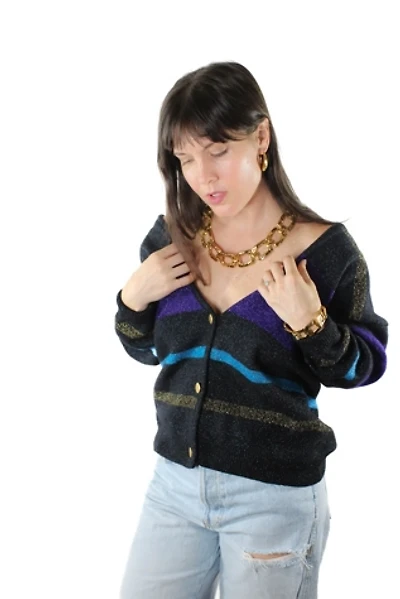 1980s Striped Sparkle Cardi Sweater Selected By Moons + Junes Vintage