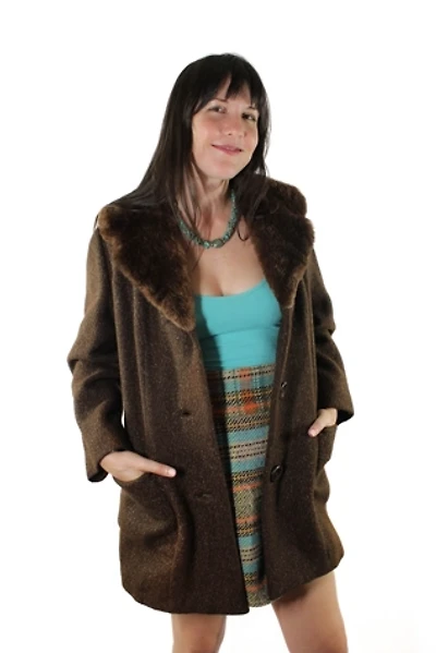 1960s Brown Tweed Faux Fur Coat Selected By Moons + Junes Vintage