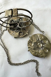 1960s Pewter Abstract Flower with Red Stone 2-Piece Set Selected by Cherry