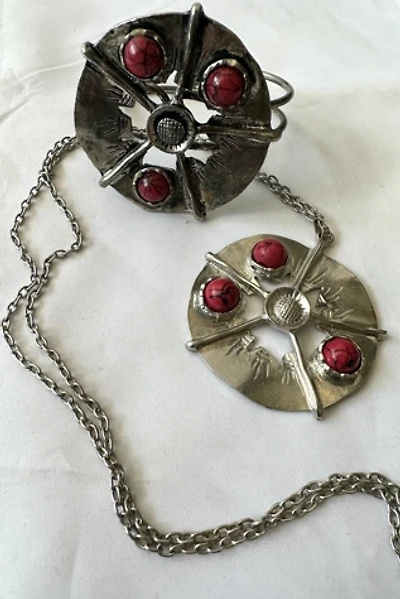 1960s Pewter Abstract Flower with Red Stone 2-Piece Set Selected by Cherry