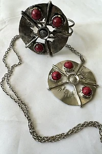 1960s Pewter Abstract Flower with Red Stone 2-Piece Set Selected by Cherry