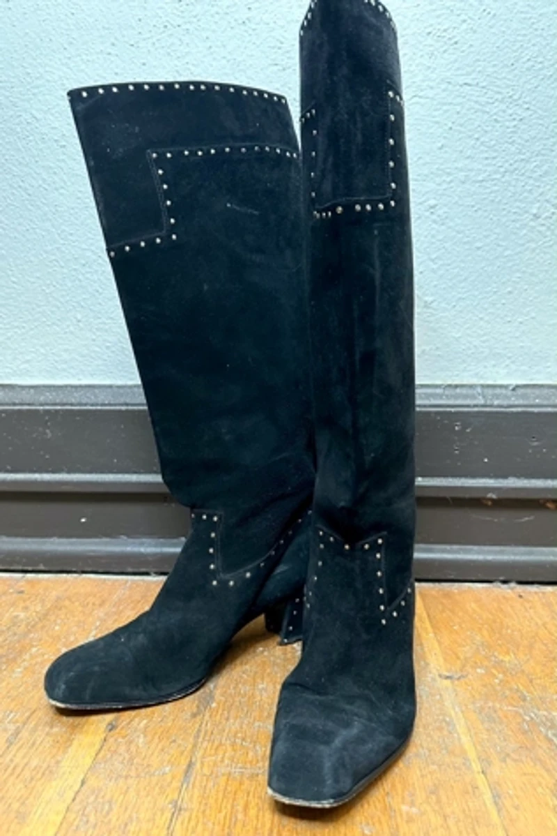 1980s Black Suede Studded Knee High Boots Selected by Cherry