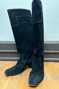 1980s Black Suede Studded Knee High Boots Selected by Cherry