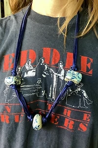 1070s Blue Cord Necklace with Painted Ceramic Beads Selected by Cherry